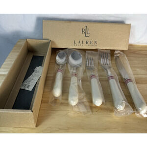 RLL Ralph Lauren Cafe Stripe Red 5 PC Place Setting, GA030-599, NEW w/ Box